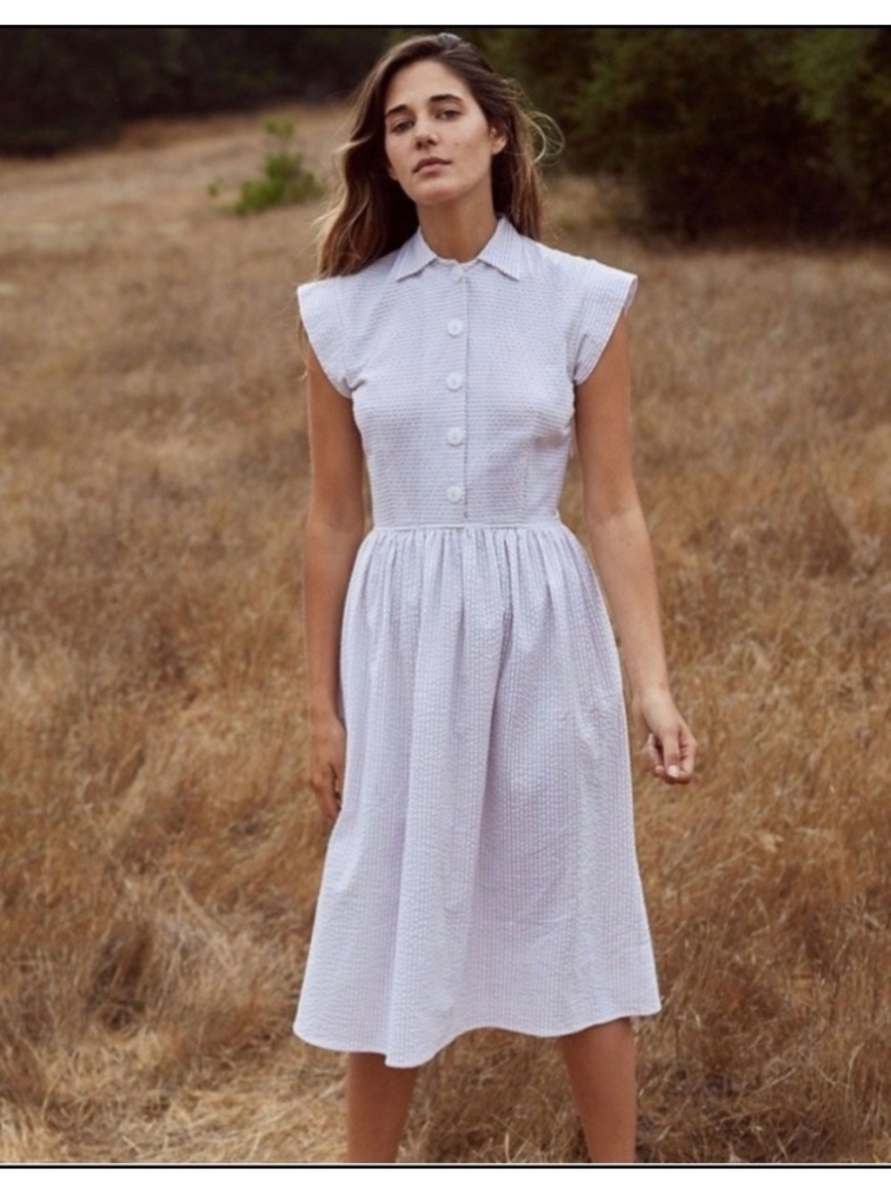 Christy Dawn Piper Blue White Pinstripe Retro Midi Dress Size Small French Girl - Picture 14 of 14